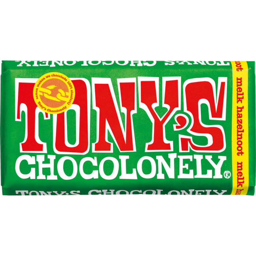 Tony's Chocolonely melk hazelnoot 180 gram (Met Korting/Ten minste houdbaar tot 1 september)